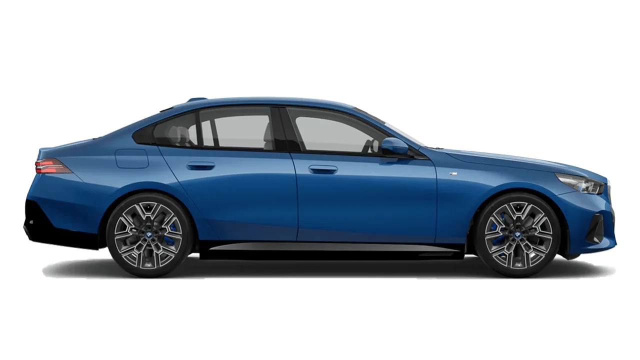 Side view of a sleek blue BMW sedan showcasing its modern design and stylish alloy wheels.