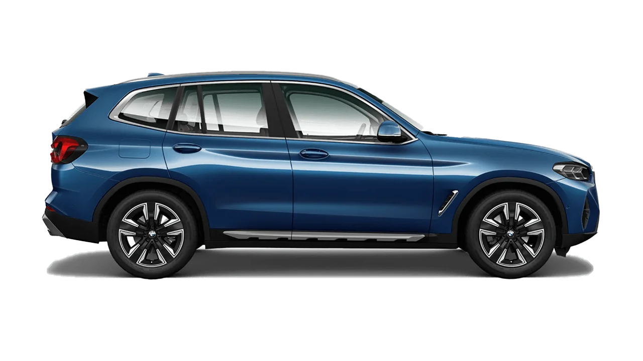 Side view of a bmw x3 blue.