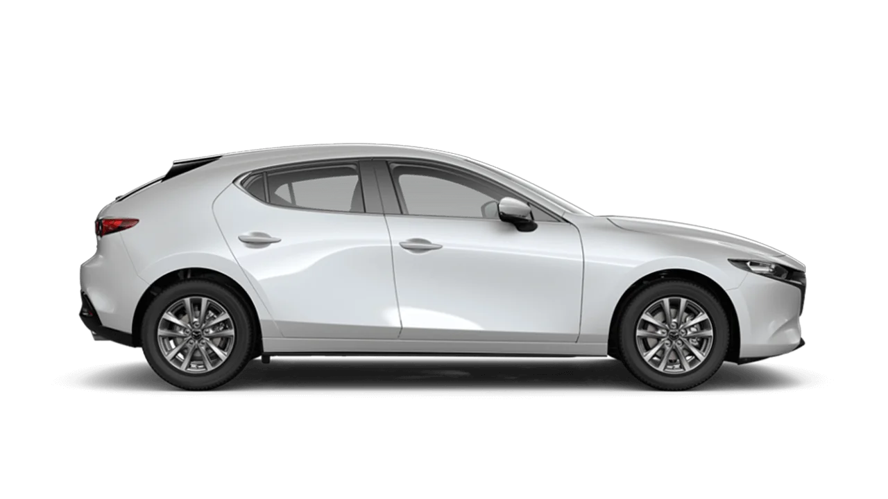 Side view of a mazda 3 hb sport snowflake white.